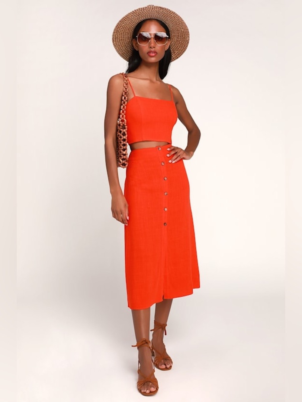 Lulu's Bold Orange Button-Front Midi Skirt Set